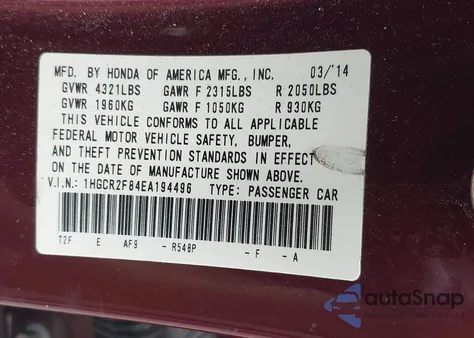 2014 Honda Accord Ex-L z USA, uszkodzony, nr VIN 1HGCR2F84EA194496